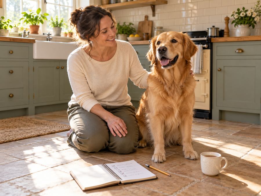 Calm owner doing a weekly check with her happy golden retriever