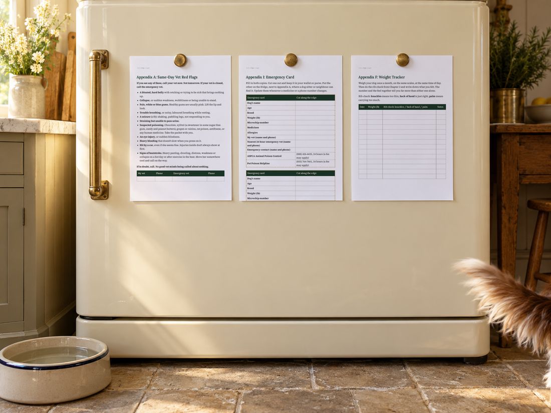 Printable check sheets held on a fridge with brass magnets